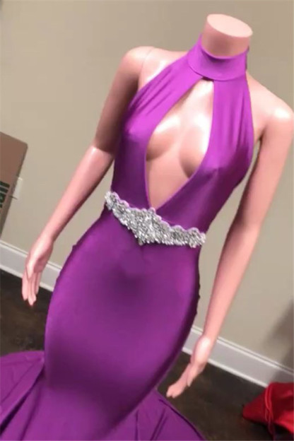 Purple Long Halter V-Neck Backless Sleeveless Mermaid Prom Dresses - YESBABYONLINE