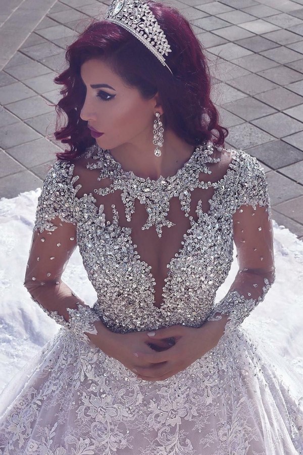 Long Ball Gown Tulle Lace Backless Wedding Dress with Sleeves - YESBABYONLINE