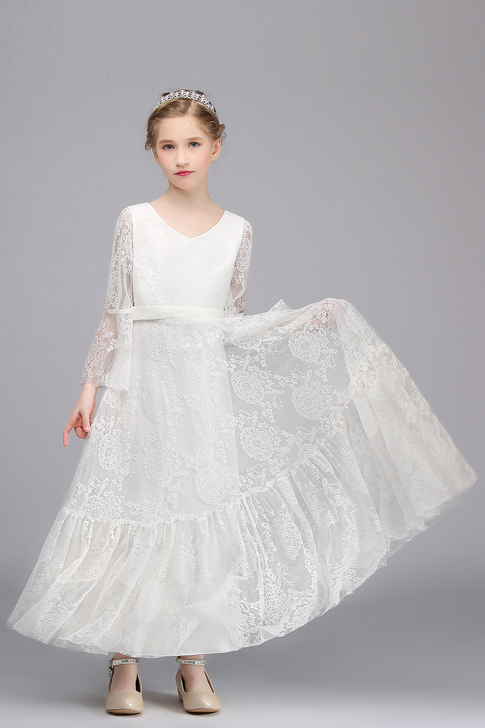 A-line V-neck Long Sleeve Appliques Lace Full Length Flower Girl Dress - YESBABYONLINE