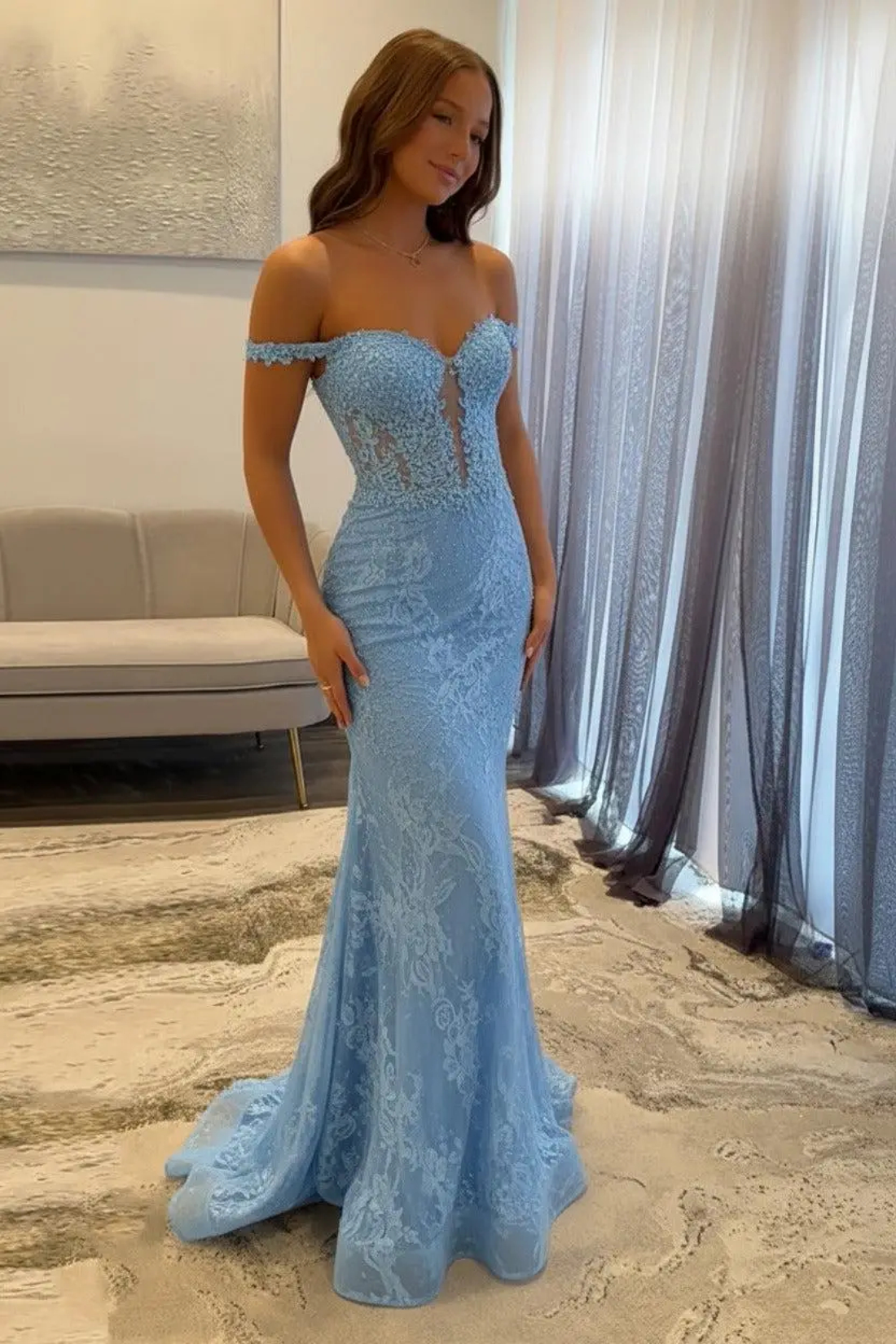 Navy Sweetheart Off the Shoulder Mermaid Long Prom Dress