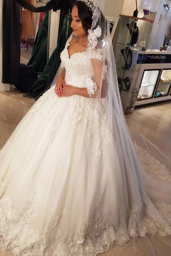 Long Ball Gown Off the Shoulder Tulle Lace Wedding Dress - YESBABYONLINE