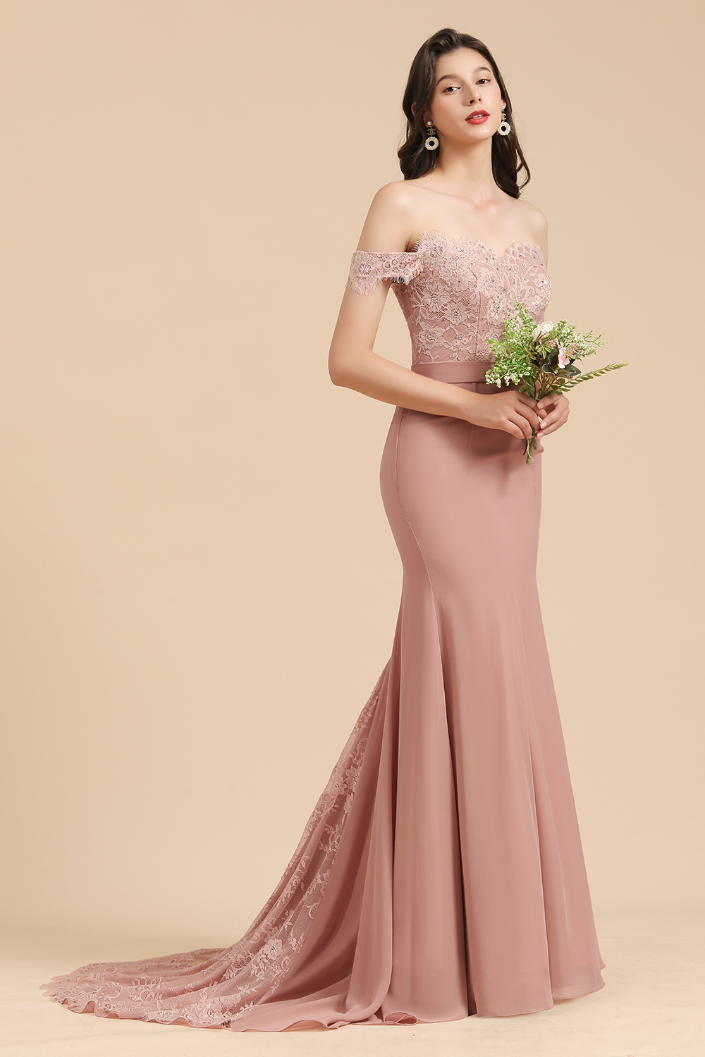 Long Off the Shoulder Floral Lace Appliques Mermaid Bridesmaid Dress - YESBABYONLINE