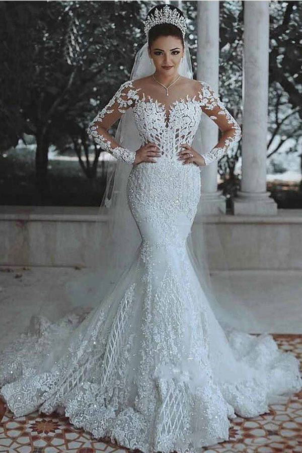 Glamorous Long Sleeves Mermaid Sweetheart Floor length Tulle Lace Wedding Dress - YESBABYONLINE