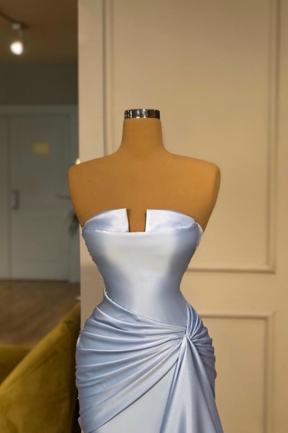 Charming Sky Blue Long Mermaid Strapless Satin Formal Prom Dress - YESBABYONLINE