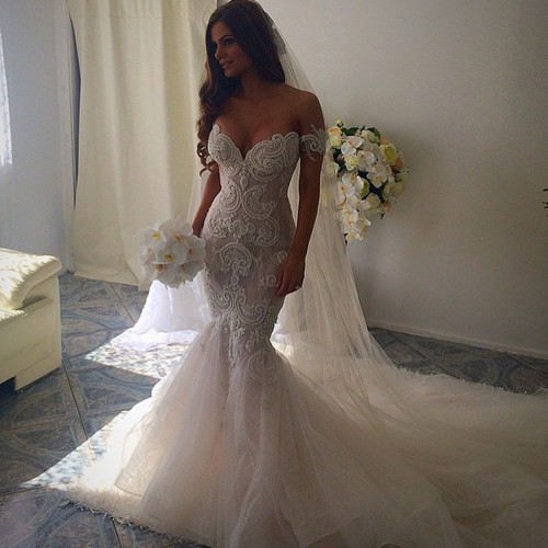 Long Off-the-Shoulder Tulle Lace Mermaid Wedding Dresses - YESBABYONLINE