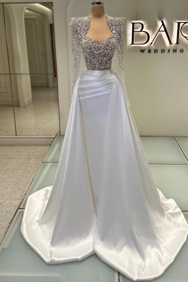 Portrait Long Sleeve Mermaid Long Satin Prom Dress with Detachable Train and Rhinestones