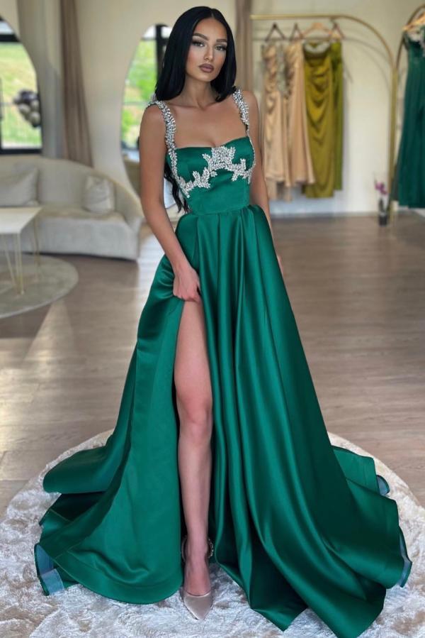 Spaghetti Straps A Line Split Front Satin Floor Length Prom Dress