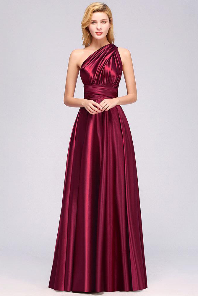 Elegant Long Burgundy Satin One Shoulder Bridesmaid Dresses - YESBABYONLINE