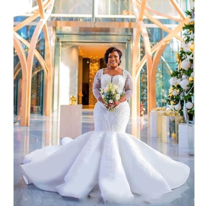 Charming Long Mermaid Sweetheart Lace Wedding Dresses with Sleeves - YESBABYONLINE