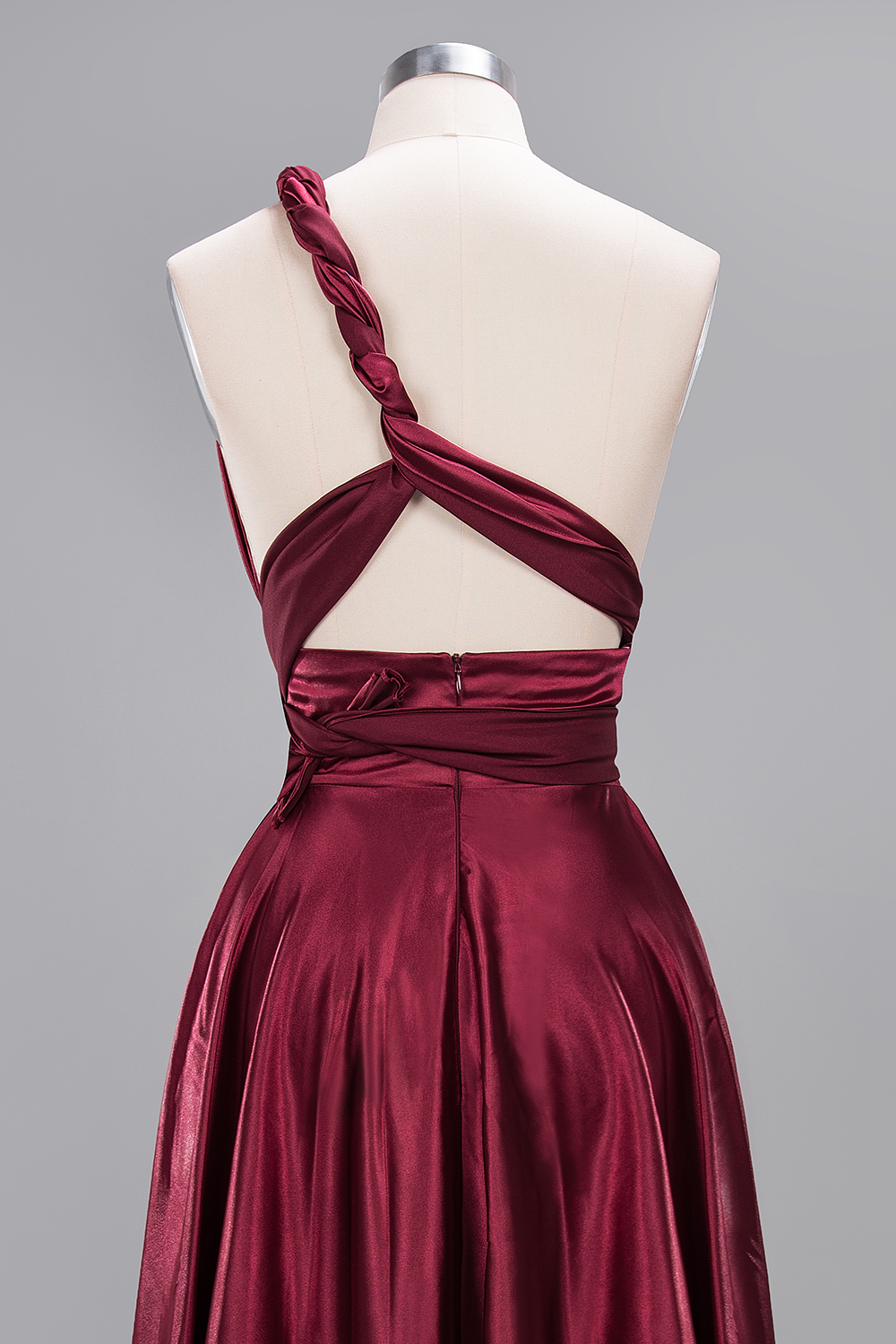 Elegant Long Burgundy Satin One Shoulder Bridesmaid Dresses - YESBABYONLINE