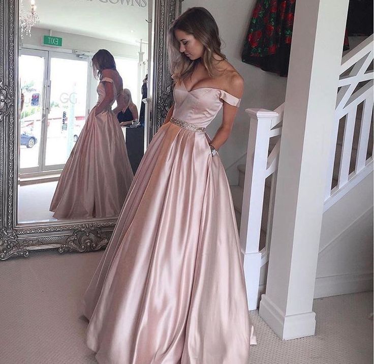 Long A-line Off the Shoulder Satin Formal Prom Dresses with Pockets - YESBABYONLINE
