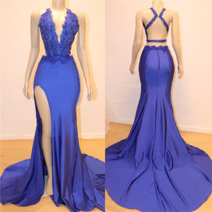 Royal Blue Long Mermaid V-neck Open Back Prom Dresses with Side Slit - YESBABYONLINE