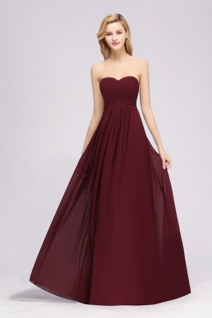 Long A Line Sweetheart Strapless Ruffles Floor Length Chiffon Bridesmaid Dress - YESBABYONLINE