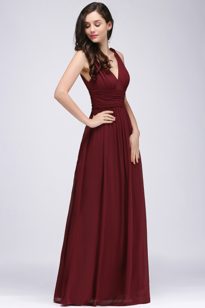 Elegant Long A Line V Neck Sleeveless Ruffles Floor Length Bridesmaid Dresses - YESBABYONLINE