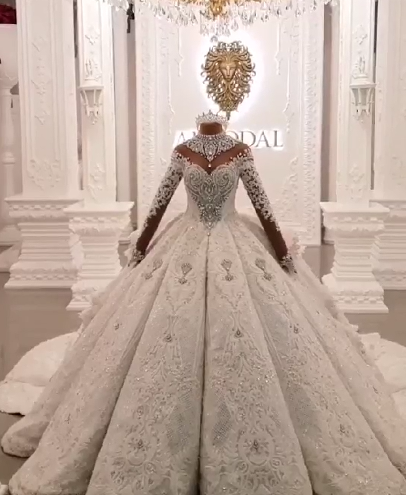 Luxury Long Ball Gown High Neck Satin Wedding Dress with Sleeves - YESBABYONLINE