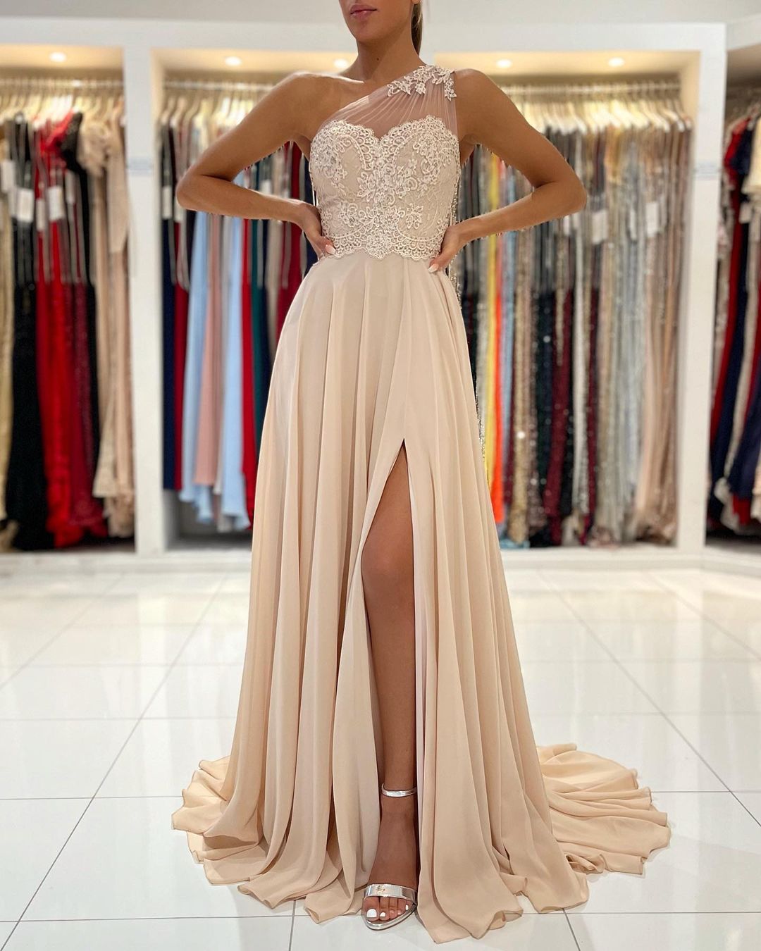 Simple Long One Shoulder A-line Floor-length Chiffon Ruffles Split Backless Prom Dress - YESBABYONLINE