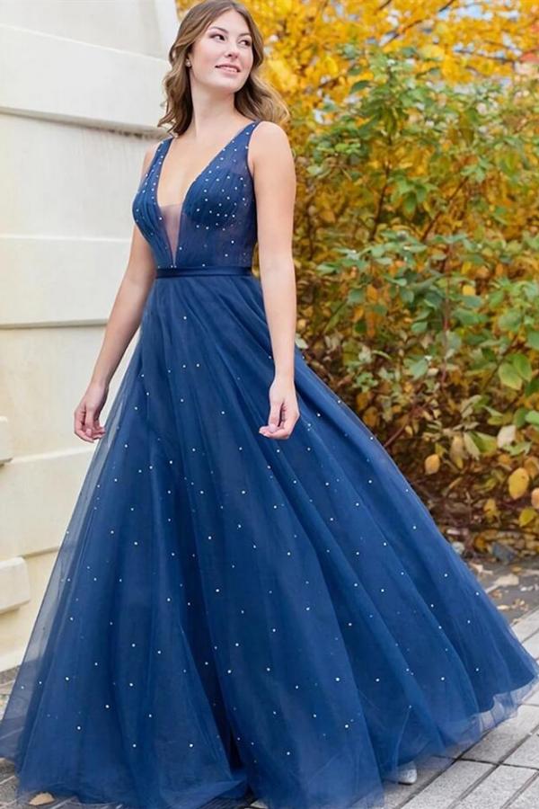 Glamourous Long A-line V-neck Sleeveless Tulle Prom Dresses - YESBABYONLINE