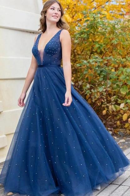 Glamourous Long A-line V-neck Sleeveless Tulle Prom Dresses - YESBABYONLINE