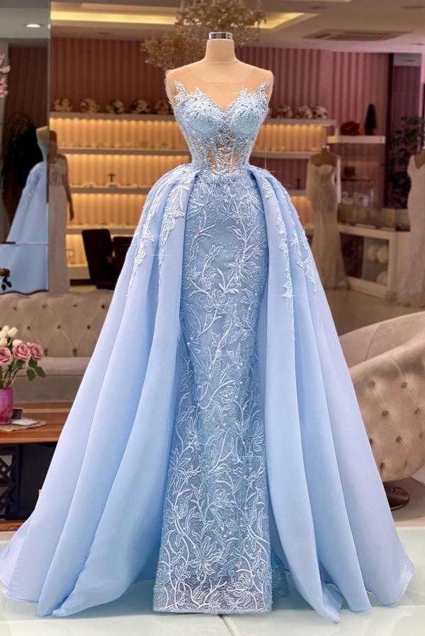 Charming Sky Blue Long Sweetheart Mermaid Lace Evening Prom Dress - YESBABYONLINE