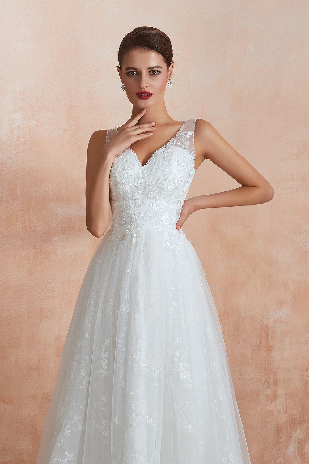 Long A-line V-neck Tulle Lace Floor Length Sleeveless Wedding Dresses - YESBABYONLINE