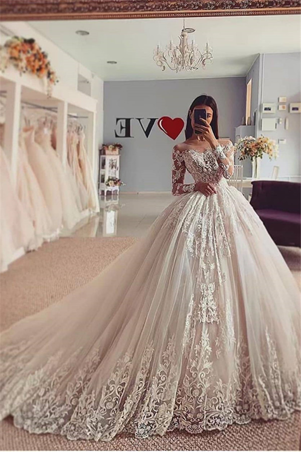 Long Sleeve Ball Gown Off the Shoulder Tulle Lace Wedding Dress - YESBABYONLINE