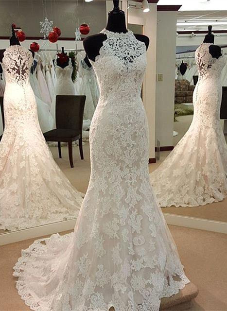 Long Mermaid High Neck Sleeveless Lace Appliques Wedding Dresses - YESBABYONLINE