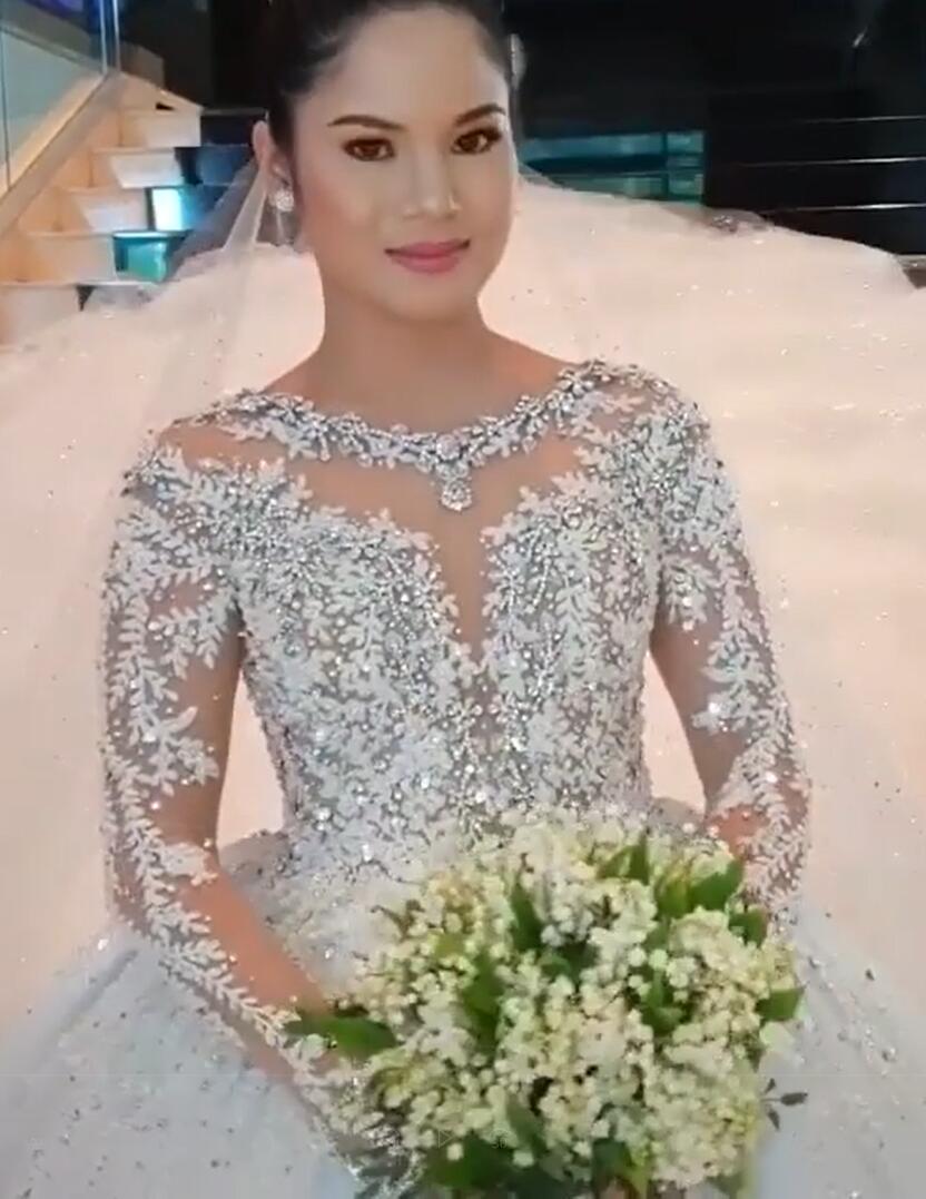 Long Ball Gown Round Neck Lace Appliques Tulle Wedding Dresses with Sleeves - YESBABYONLINE