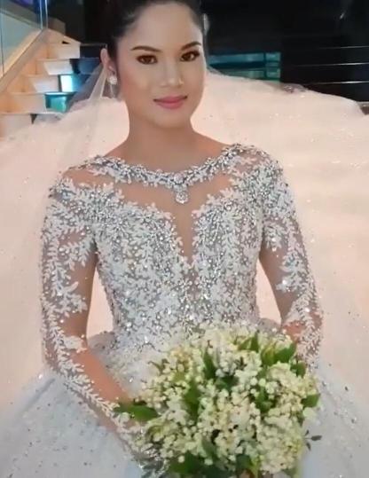 Long Ball Gown Round Neck Lace Appliques Tulle Wedding Dresses with Sleeves - YESBABYONLINE