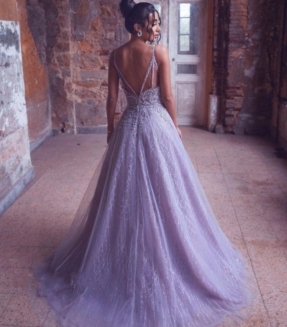 Long A-line V-neck Spaghetti Straps Tulle Appliques Lace Backless Evening Prom Dress - YESBABYONLINE