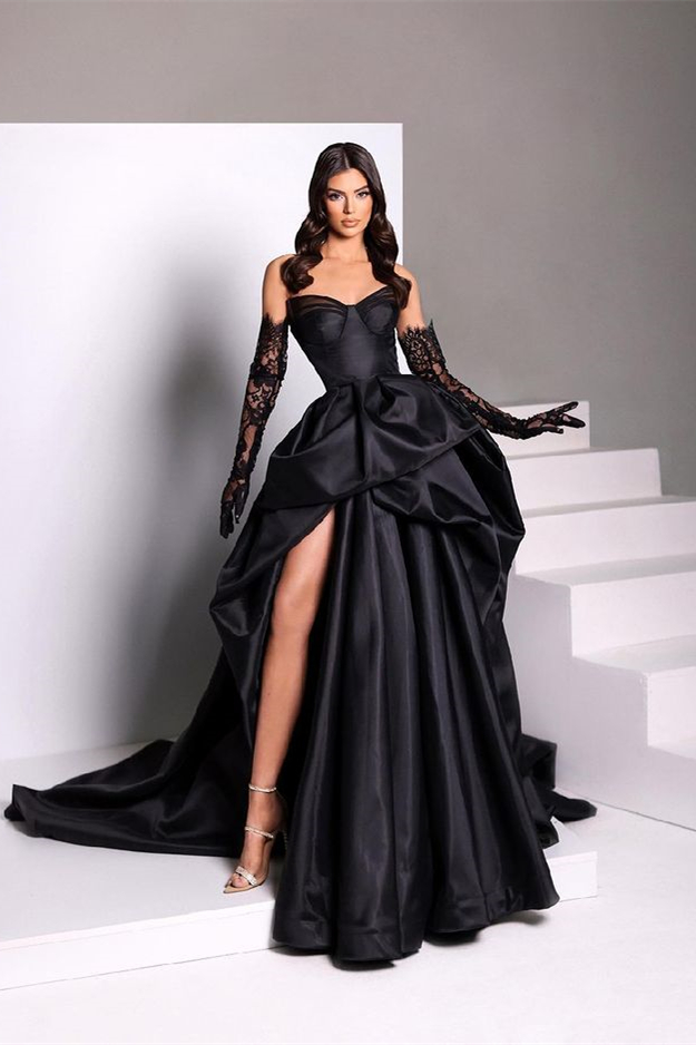 Beautiful Black Long Sweetheart A-Line Satin Prom Dresses with Split - YESBABYONLINE