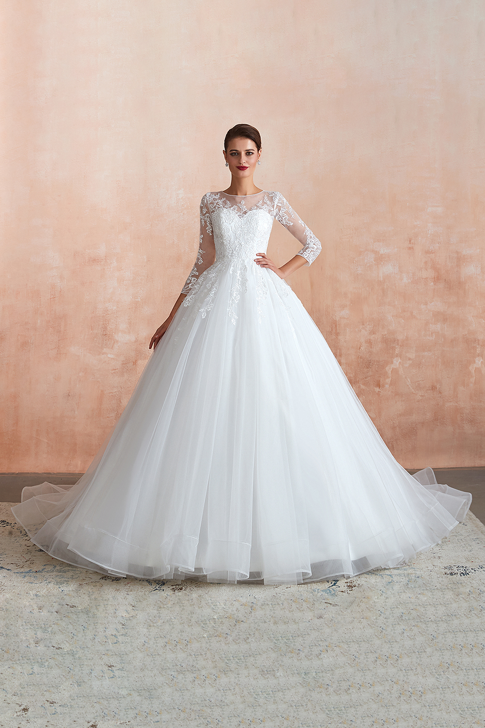 Long A-line Lace Tulle Floor Length Tulle Lace Wedding Dresses with Sleeves - YESBABYONLINE