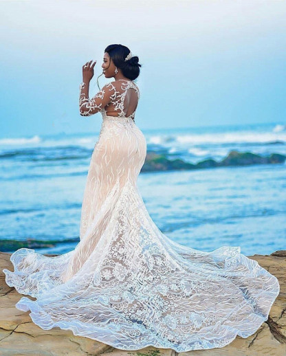 Long Sleeves Mermaid Sweetheart Tulle Lace Open Back Wedding Dresses - YESBABYONLINE