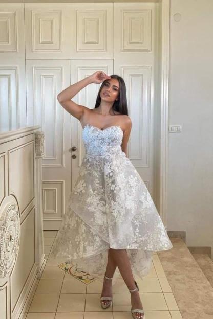 Elegant High Low A-line Sweetheart Lace Backless Wedding Dresses