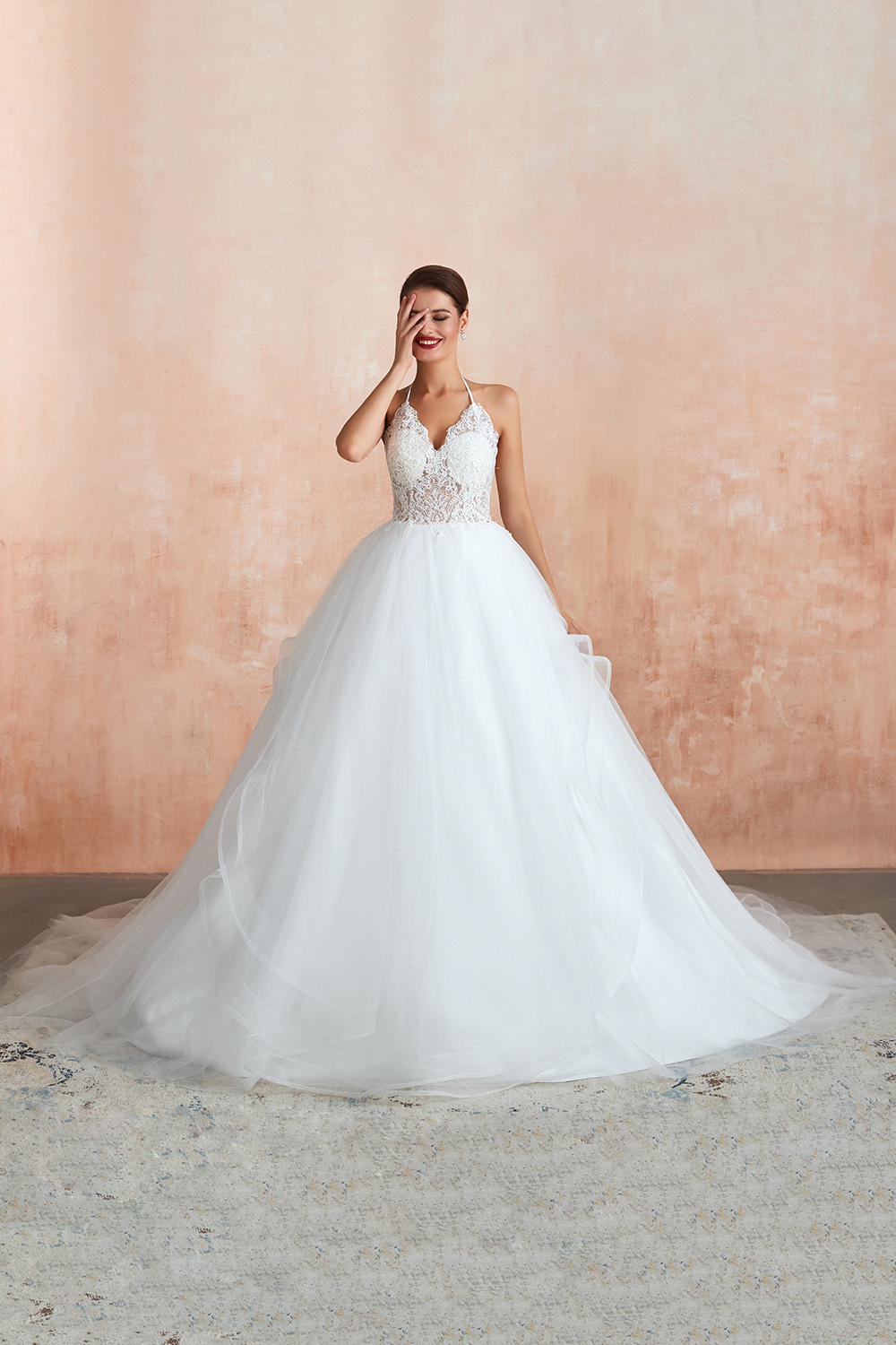 Long Ball Gown Halter Backless Tulle Lace Wedding Dresses - YESBABYONLINE
