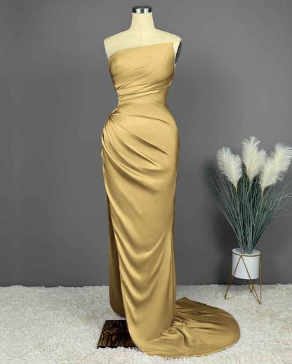 Elegant Long Strapless Sleeveless Mermaid Satin Prom Dresses with Slit - YESBABYONLINE