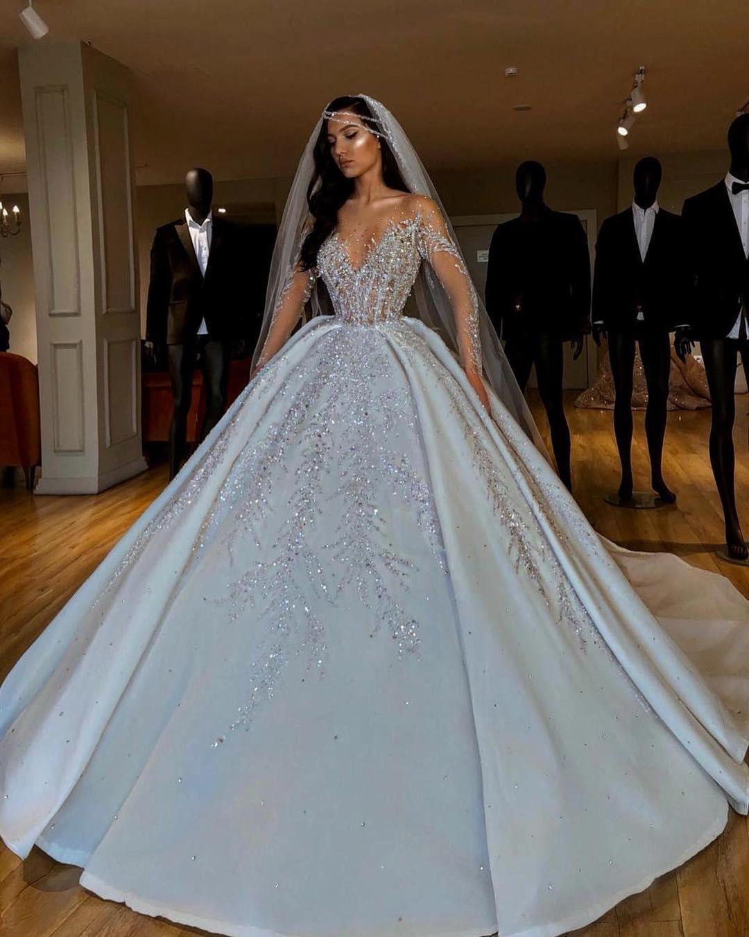 Luxury Long Sleeves Ball Gown Satin Beaded Floor Length Wedding Dresses - YESBABYONLINE