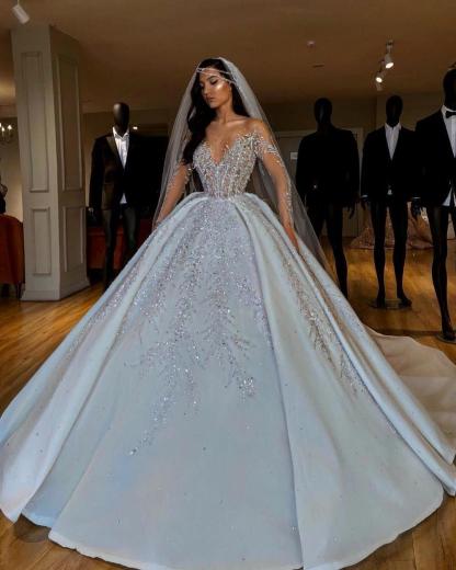Luxury Long Sleeves Ball Gown Satin Beaded Floor Length Wedding Dresses - YESBABYONLINE