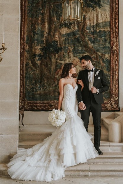 Gorgeous Long Mermaid Strapless Floor Length Tulle Lace Wedding Dress - YESBABYONLINE
