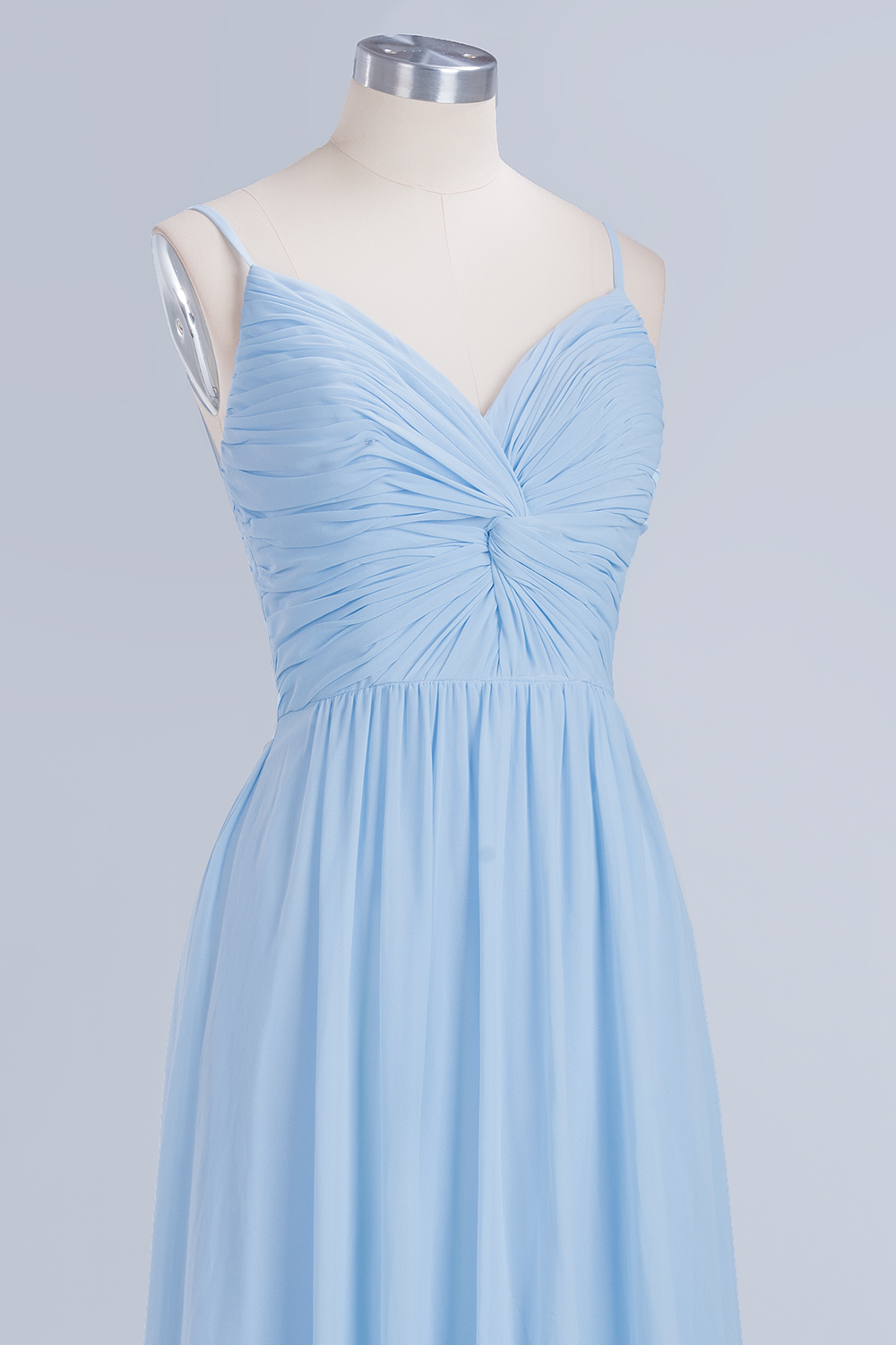 Sky Blue Long A-Line V-Neck Spaghetti Straps Floor-Length Chiffon Bridesmaid Dresses - YESBABYONLINE