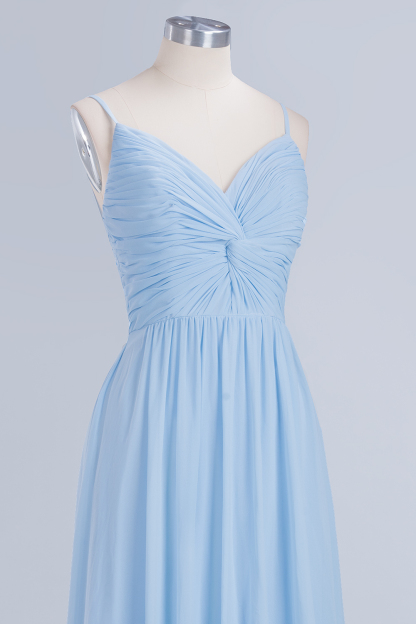Sky Blue Long A-Line V-Neck Spaghetti Straps Floor-Length Chiffon Bridesmaid Dresses - YESBABYONLINE