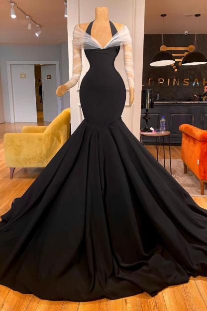 Elegant Long Halter Off-The-Shoulder Mermaid Satin Prom Dresses with Sleeves - YESBABYONLINE