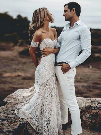 Long Mermaid Sweetheart Lace Backless Wedding Dress - YESBABYONLINE