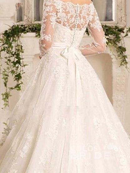 Classy Long Sleeves Off the Shoulder Appliques Lace A-Line Ruffles Wedding Dress - YESBABYONLINE