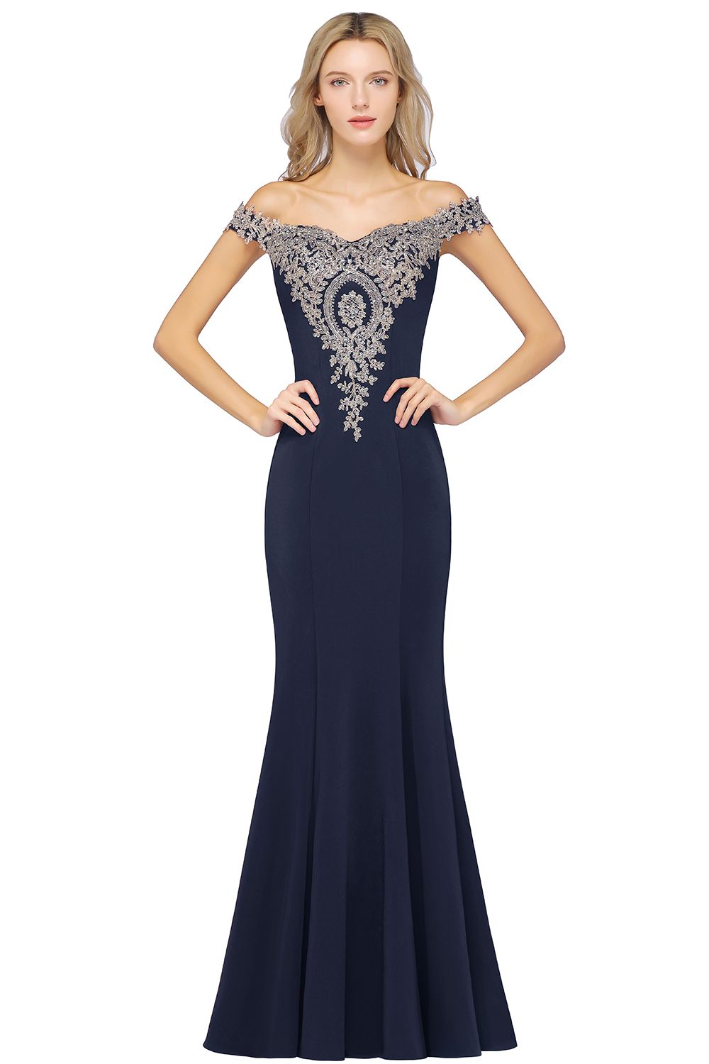 Charming Long Mermaid Off The Shoulder Floor-Length Appliques Lace Prom Dress - YESBABYONLINE