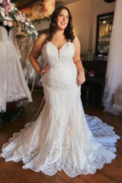 Beautiful Long V Neck Spaghetti Straps Sleeveless Mermaid Lace Wedding Dresses - YESBABYONLINE
