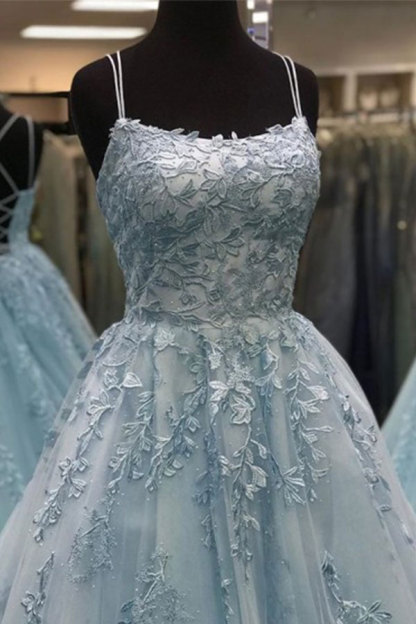 Elegant Long A-line Spaghetti Strap Strapless Backless Applique Lace Prom Dresses - YESBABYONLINE