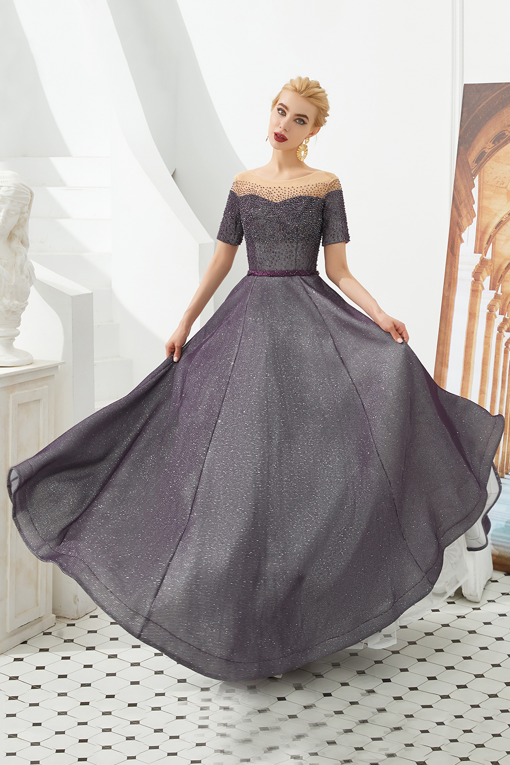 Glamorous Long A-line Round Neckline Floor Length Prom Dresses with Short Sleeves - YESBABYONLINE