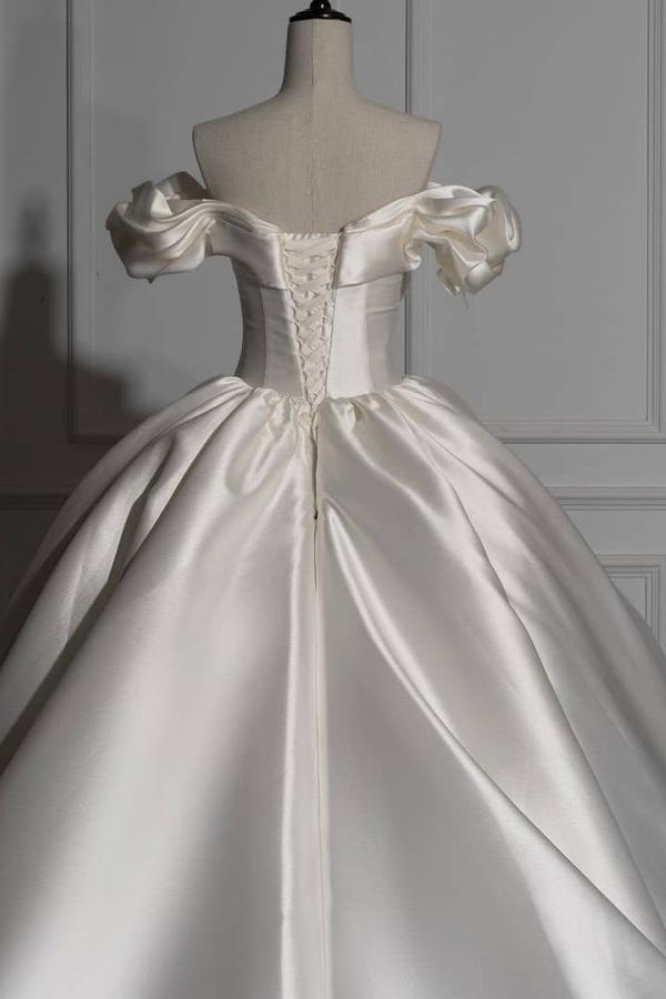 Charming Long Off the Shoulder Sweetheart Satin Ball Gown Wedding Dress with Ruffles - YESBABYONLINE