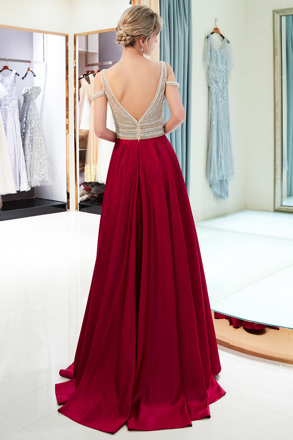 Long A-Line Burgundy V-Neck Satin Sleeveless Backless Prom Dress - YESBABYONLINE