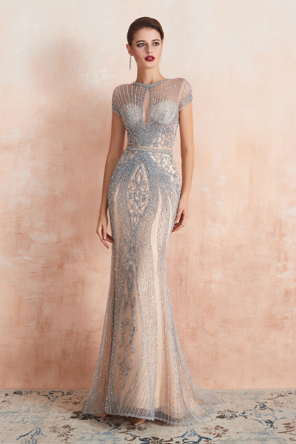 Elegant Long Mermaid Tulle Formal Prom Dresses with Cap Sleeves - YESBABYONLINE